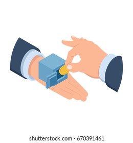 Hand put money coin in safe, protected money, investing concept isometric vector illustration isolated on white background