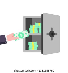 Hand put money dollar into gray metal bank safe vector illustration icon sign flat style design illustration. Opened safe full of money isolated on white background.