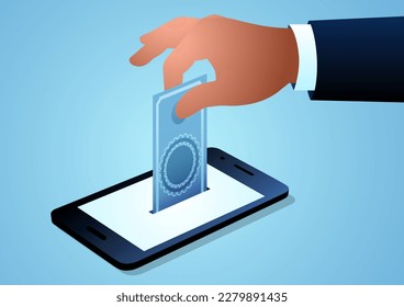 A hand put money into cellular phone, online donation, investment concept, vector illustration