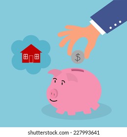 hand put money to saving pig for house,illustration,vector 