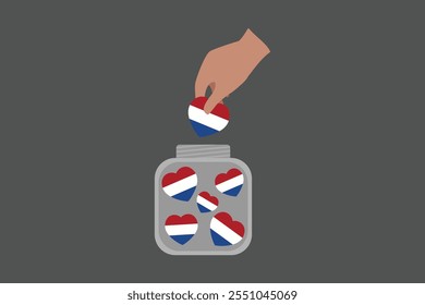 Una mano puso corazones de los Países Bajos en un cuenco, bandera de los Países Bajos es un Vector de la libertad, bandera nacional de los Países Bajos, Ilustración vectorial
