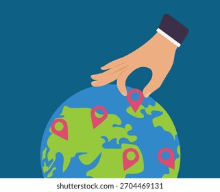 Mão colocar novo alfinete no mapa do mundo em todo o globo