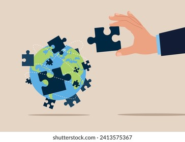 Hand puso un nuevo rompecabezas en el mapa mundial. Trabajo en equipo, asociación y concepto de solución. Ilustración del vector