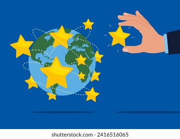 Hand put new stars on world map across globe. Customer review rating and client feedback concept. Flat vector illustration