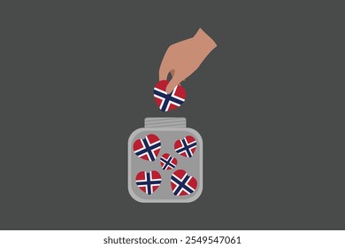 Uma mão põe corações da Noruega em uma tigela, gráfico vetorial da bandeira da Noruega, bandeira do país da Noruega é um símbolo de liberdade, bandeira nacional da Noruega, ilustração vetorial
