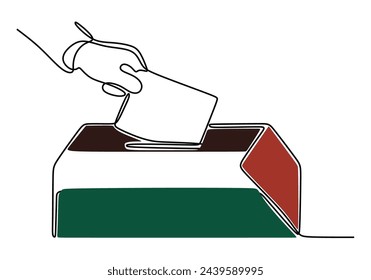 Hand put paper in palestine flag box in continuous one line art drawing style. Palestine solidarity one line drawing.