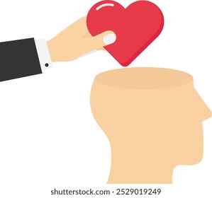 Mão colocou forma positiva de coração no cérebro humano. Inteligência emocional capacidade de entender emoções e equilíbrio entre coração e cérebro, razão e emoção. Ilustração vetorial.

