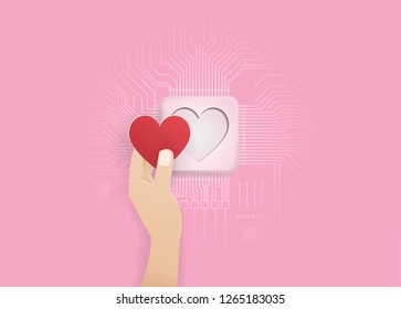 hand put red heart on electronic circit.digital craft.vector.paper art and craft style.