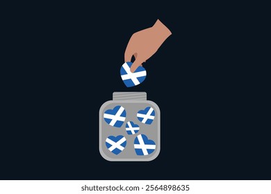 A hand put Scotland hearts in a bowl, Scotland flag vector graphic, Scotland country flag is a symbol of freedom, National Scotland flag, vector illustration
