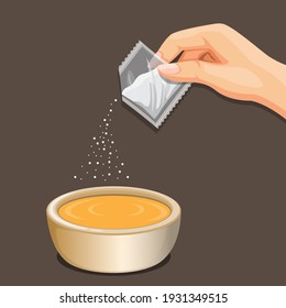 Hand put seasoning powder sachet to food bowl. cooking instruction symbol illustration vector