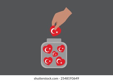 A hand put Turkey hearts in a bowl, Turkey flag vector graphic, Turkey country flag is a symbol of freedom, National Turkey flag, vector illustration
