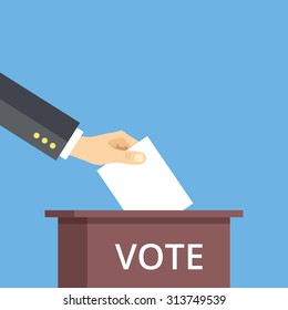 Hand put voting paper in ballot box. Voting flat illustration concept. Modern flat design concepts for web banners, web sites, printed materials, infographics. Creative vector illustration