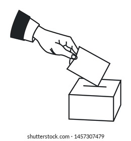 hand puting vote in a box election symbol in black and white icon cartoon vector illustration graphic design