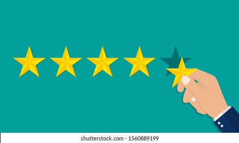 Hand puts 5 stars of rating. Reviews five stars in flat style. Flat 5 stars in top icon. Quality star rating, feedback rank concept. Performance rate. Good evaluation of service. vector illustration