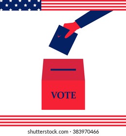 Hand puts the ballot in the ballot box - vector illustration on president elections in the United States in the national colors of american flag red, blue, white
