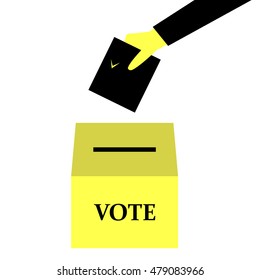 Hand puts the ballot in the ballot box - vector illustration on elections in black and yellow