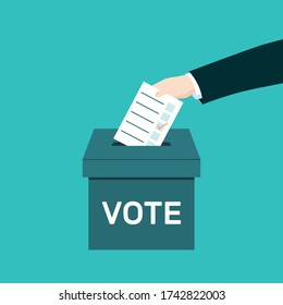 Hand setzt Stimmzettel in die Wahlurne. Abstimmungskonzept Vector-Abbildung.
