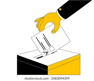 A hand puts a ballot paper into a box. Banner on the theme of elections, democracy and voting.