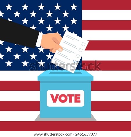 Hand puts ballot paper into the box with Vote sign. USA flag on the background.
