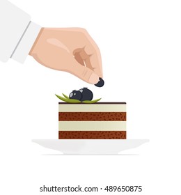 Hand puts berry on a cake. Cake with berries and green leaves on a plate. Decorating cakes, confectionery. Flat Vector illustration.