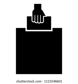 Hand puts a blank in a box for suggestion the voter throws a ticket icon black color