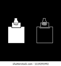 Hand puts a blank in a box for suggestion the voter throws a ticket icon outline set white color
