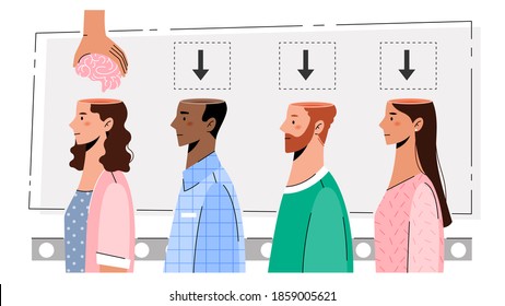 The hand puts the brain into the human head. The concept of modern education and people thinking.