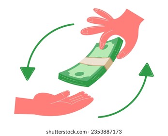 La mano le pone un montón de dinero en la mano. Ciclo de dinero. Ilustración plana en estilo retro.
