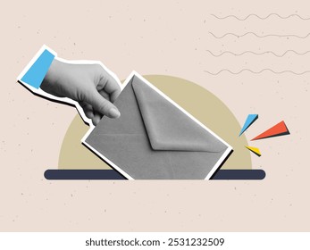 La mano pone un sobre cerrado de la nave en la ranura. Estilo de collage de moda. Ilustración vectorial