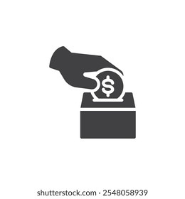 Hand puts coin in donation box vector icon. filled flat sign for mobile concept and web design. Spare Change glyph icon. Contribution to savings symbol, logo illustration. Vector graphics