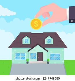 Hand puts coin in the house flat style design vector illustration. Piggy bank buying house concept. House bank safe,  investment or loan, real estate symbol icon sign. Green grass and clouds behind.