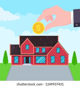 Hand puts coin in the house flat style design vector illustration. Piggy bank buying house concept. House bank safe,  investment or loan, real estate symbol icon sign. Green grass and clouds behind.