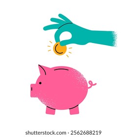 hand puts coin into piggy bank isolated on white background. concept of investing, saving, and thrift. flat drawing with texture and lines. stock vector illustration. EPS 10.