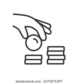 Hand puts a coin on a stack of coins, linear icon. Line with editable stroke