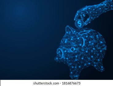 Hand puts a coin in the piggy Bank. Business concept of accumulative savings. Polygonal construction of concatenated lines and points. Blue background.