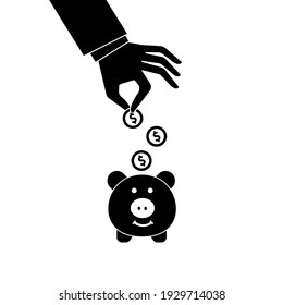 Hand puts coin in piggy bank. Business icon. Save money concept. Flat style. Vector illustration