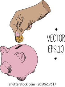 hand puts a coin in a piggy bank, vintage illustration color