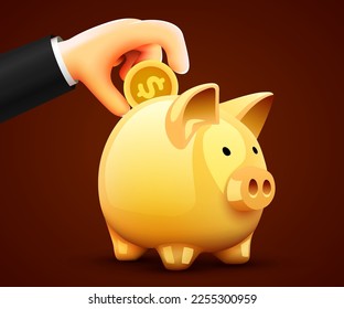 Hand puts coin in a piggy bank. Symbol of profit and growth. Investment and savings. Vector illustration