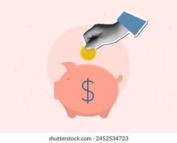 Hand puts a coin in a piggy bank. Vector illustration in a modern collage style