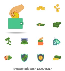 hand puts a coin in a wallet colored icon. Banking icons universal set for web and mobile