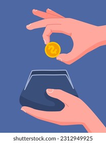 Hand puts a coin in a wallet. Savings concept. Outline cartoon style. Vector illustration