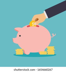 Hand puts coins in a piggy bank. Flat design vector illustration.