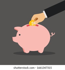 Hand puts coins in a piggy bank. Flat design vector illustration.	