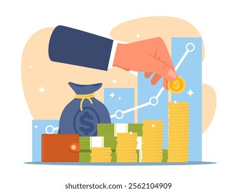 Hand puts coins in piles. Business charts. Financial forecasting. Successful startup. Money calculating and increasing profits. Finance profit. Wallet with banknotes