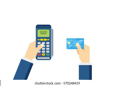 Hand Puts Debit Credit Card Into POS Terminal Vector Illustration. Payment Concept In Flat Style.