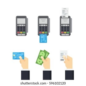 Hand puts debit credit card into POS terminal. Set of vector elements. Payment concept in flat style.