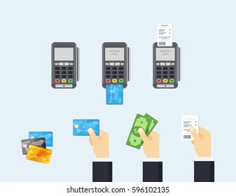 Hand puts debit credit card into POS terminal. Set of vector elements. Payment concept in flat style.