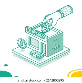 Hand Puts a Dollar Coin Inside of the Bank Building. Isometric Saving Money Concept. Vector Illustration. Outline Paper Banknote. Investing and Open Bank Deposit.