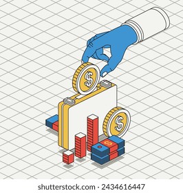 La mano pone una moneda de dólar dentro del maletín. Concepto de ahorro isométrico. Ilustración vectorial. Inversión y depósito bancario abierto. Pila de dólares. objetos 3d. Estilo de brutalismo moderno. Caja de dinero.