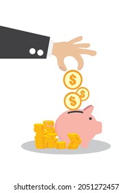 hand puts a dollar coin into a piggy bank eps10